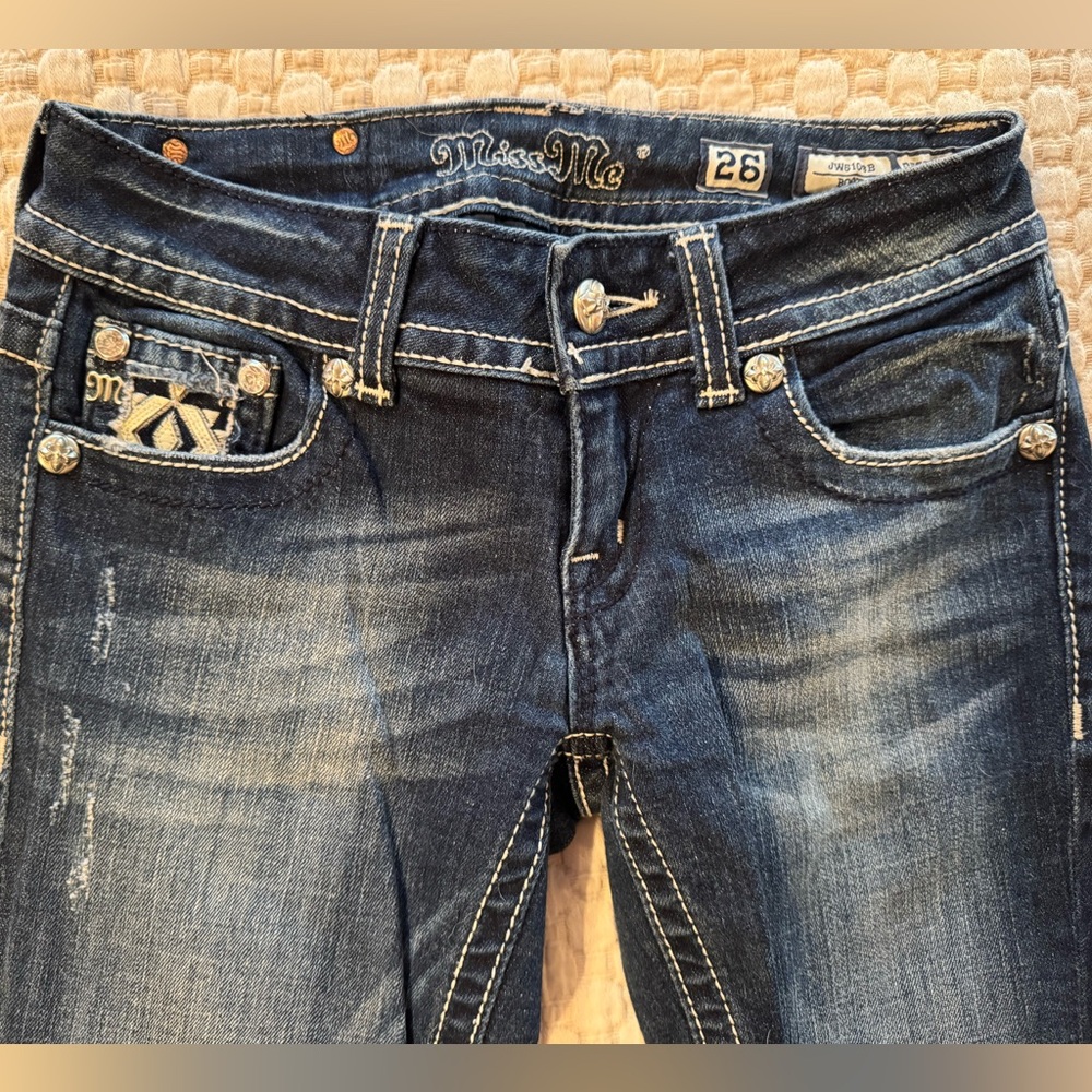 Miss Me Blue Boot Cut Jeans with Distressed Wash
